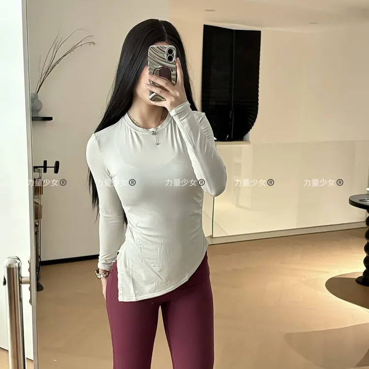 力量少女—秋季新款莫代尔瑜伽上衣开叉健身罩衫褶皱显瘦运动长袖