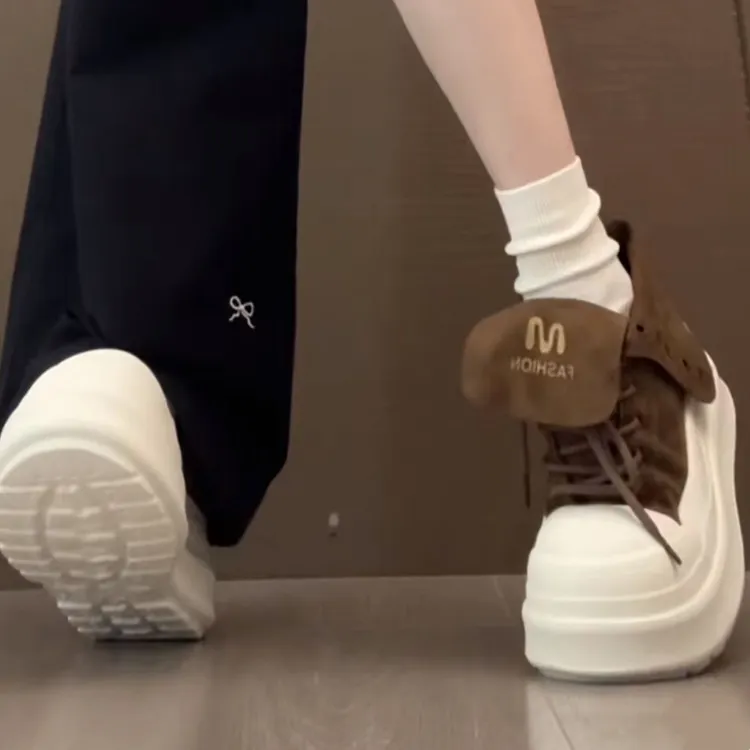 复古翻领系带松糕厚底高帮鞋女马丁靴2025新款小个子增高休闲单鞋