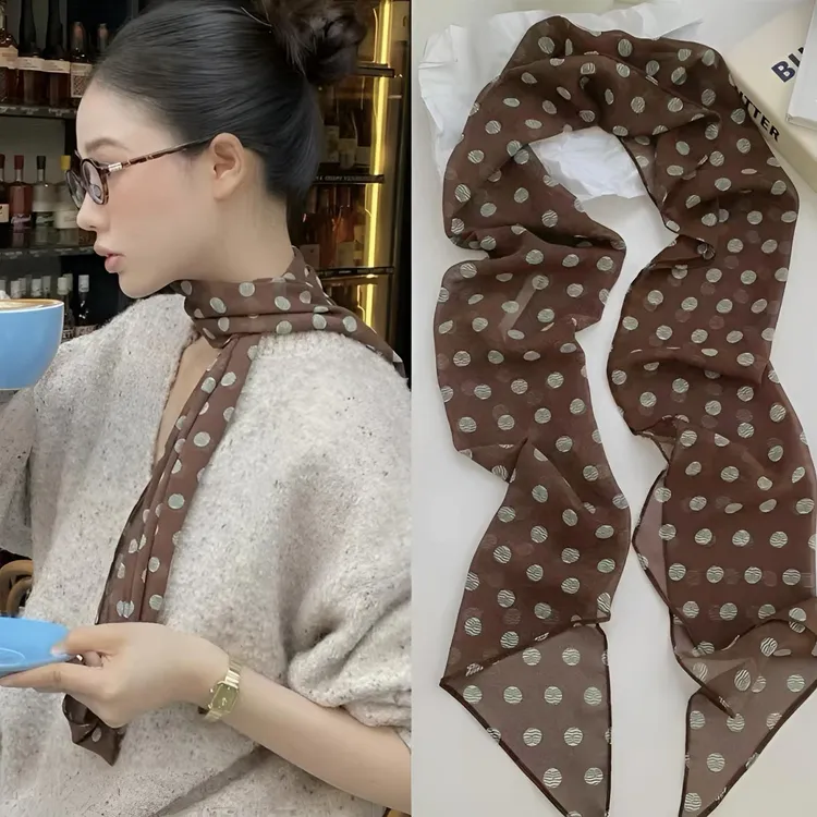 桑蚕丝乔其缎法式复古波点160*30斜角巾女士丝巾围巾披肩外搭L188