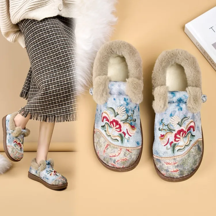 2025绵羊毛冬季老北京棉鞋女加绒加厚保暖妈妈鞋一脚蹬厚底绣花鞋