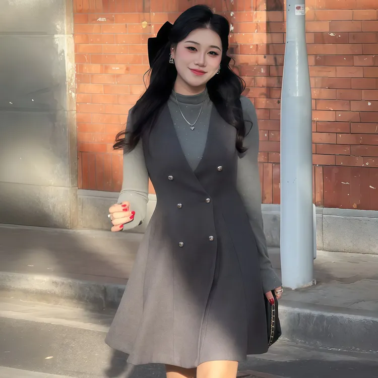 大码胖MM法式气质复古收腰两件套秋冬季通勤V领双排扣背心裙套装