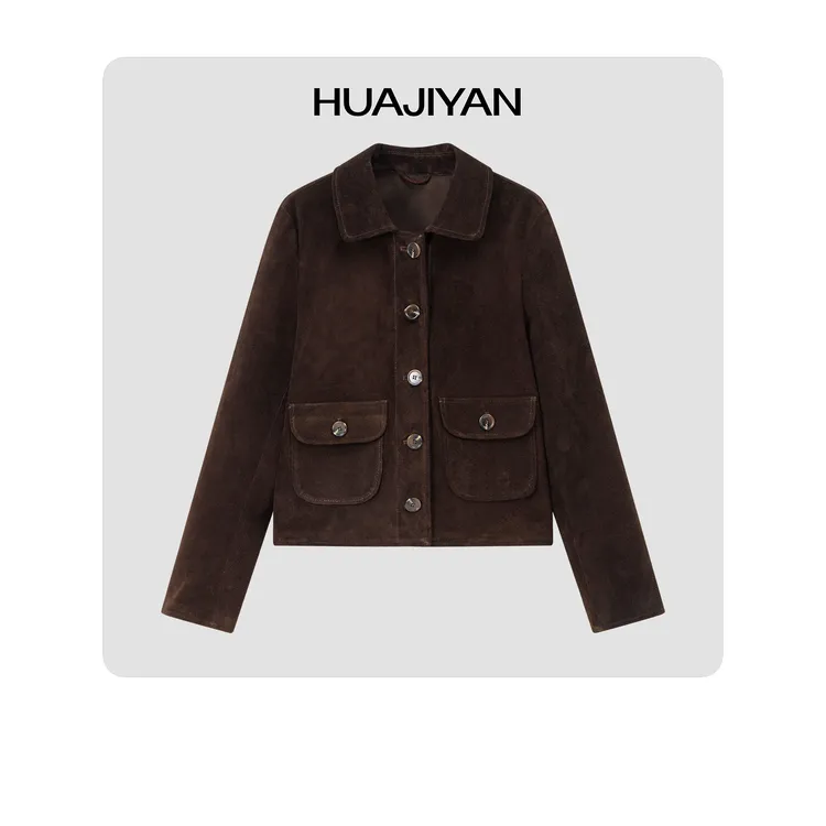 华吉言/HUAJIYAN【布朗尼】头层牛皮绒立裁水牛角扣外套