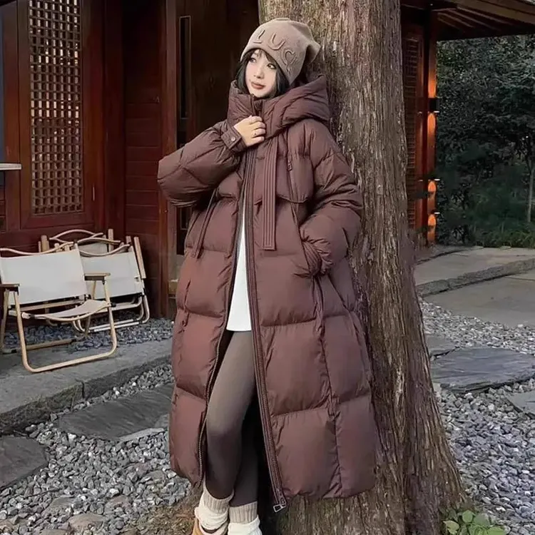 韩版连帽加厚羽绒服女宽松中长款面包慵懒冬季新款时尚过膝8868