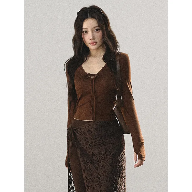 Lulusmiracle【丛林贝蒂】李小璐同款巧克力色天丝羊毛V领长袖上衣