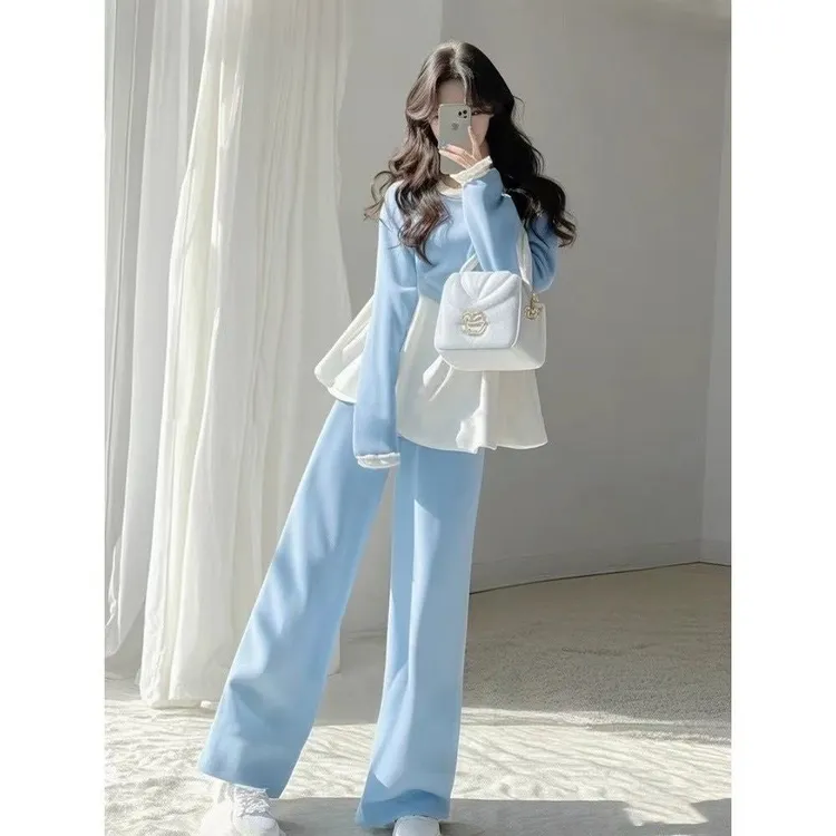 慵懒风休闲套装女2025春季新款高级时尚超好看蓝色上衣长裤两件套