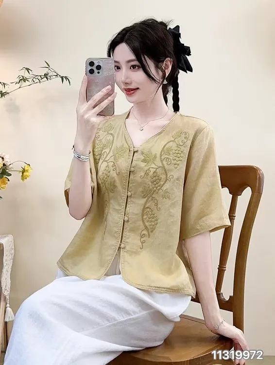 复古苎麻文艺刺绣方领五分袖夏季宽松百搭女衬衫