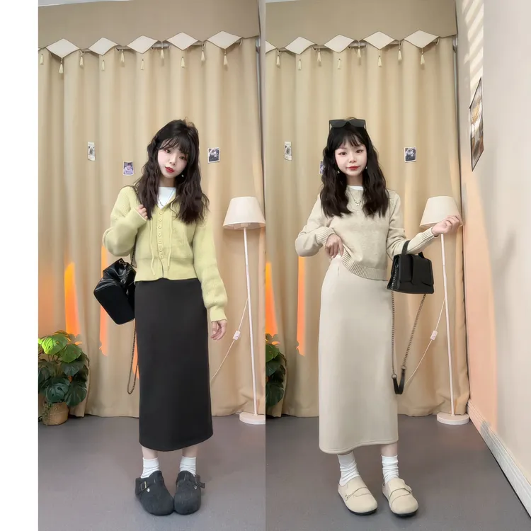 150小个子秋冬加绒加厚高腰显瘦毛呢半身裙中长款直筒裙子90