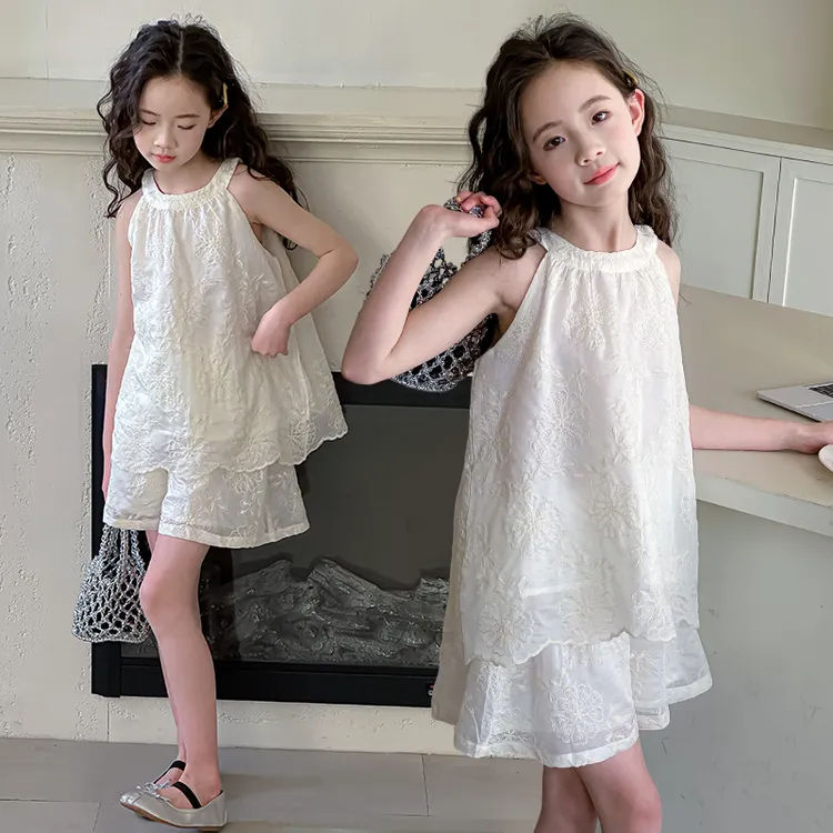 2025新款夏季女童时尚蕾丝两件套百搭休闲米色连衣裙短裤6-12岁潮