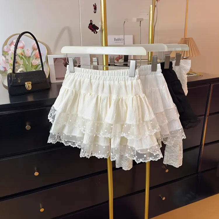 甜美减龄蕾丝拼接蛋糕百褶裙女春夏新款2025高腰显瘦A字蓬蓬短裙