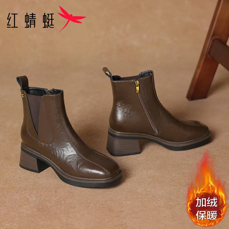 红蜻蜓切尔西靴高跟棕色加绒短筒2025新款洋气鞋子女款网红款百搭