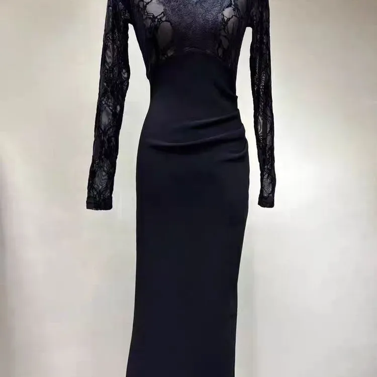 御姐纯欲风蕾丝拼接V领长袖连衣裙女早秋收腰修身显瘦包臀长裙