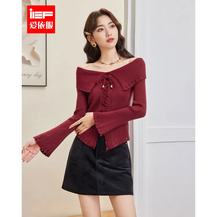 IEF/爱依服2025秋季新款纯欲性感一字肩设计修身显瘦百搭毛织上衣