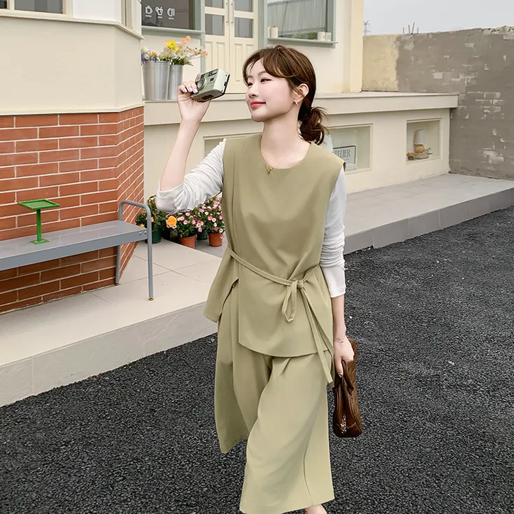 时尚韩版气质高级感套装2025春夏休闲宽松设计感马甲阔腿裤两件套