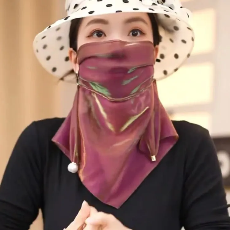 【气质女神】2025新夏季面纱女韩版炫彩丝巾挂珠防紫外线面罩磁吸  