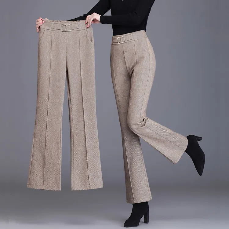 毛呢加厚微喇女裤秋冬新款毛呢裤高腰修身显瘦宽松休闲百搭长裤