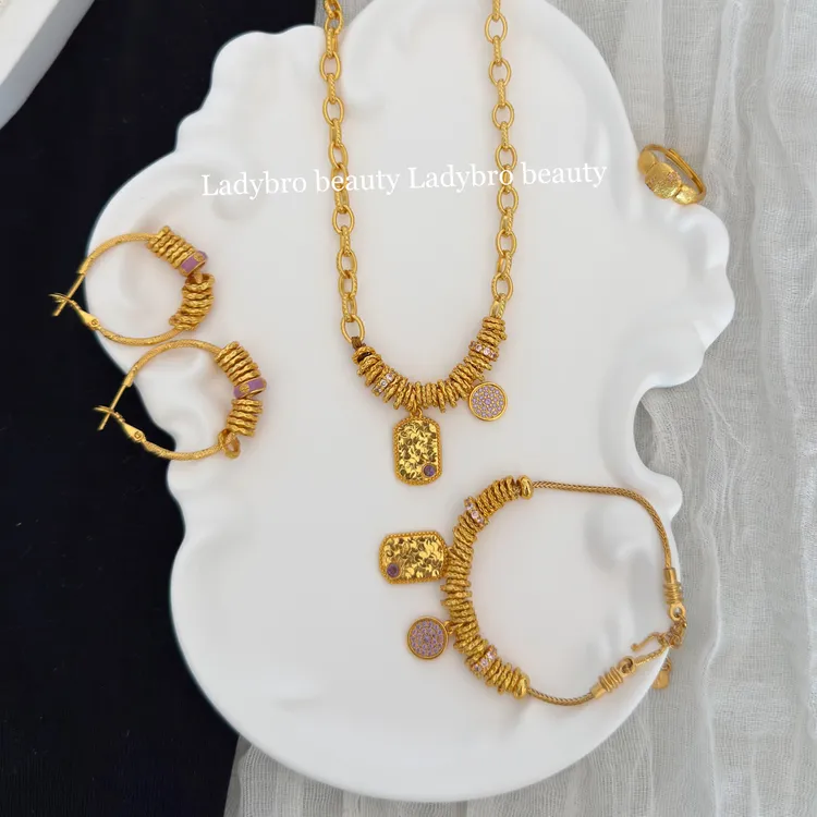 铜合金亚克力项链 古法复古盘缠项链四件套财神五帝币编织高档款