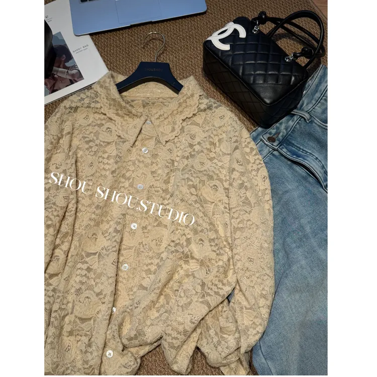 【FANFAN】大码翻领加厚高弹立磨毛蕾丝花苞袖提花显瘦衬衫S02305