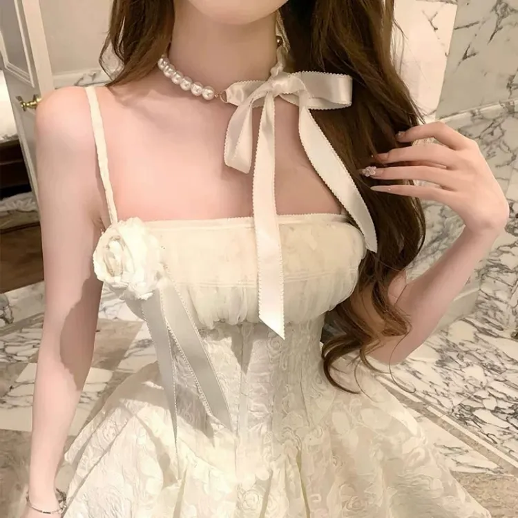 非金属仿珍珠项链 法式小香芭蕾风丝带珍珠项链女纯欲气质锁骨链