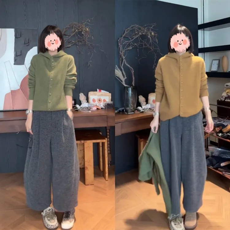 时尚百搭气质连帽设计感法式重工秋冬针织衫女舒适宽松八分休闲裤