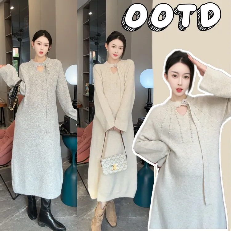 时尚宽松2025孕妇秋冬毛衣钉珠花朵设计感连衣裙针织孕期连衣裙子