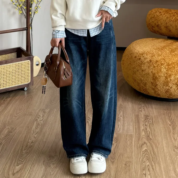 小个子圆圆Y7052蓝灰色设计感弯刀牛仔裤显瘦遮肉百搭阔腿休闲女