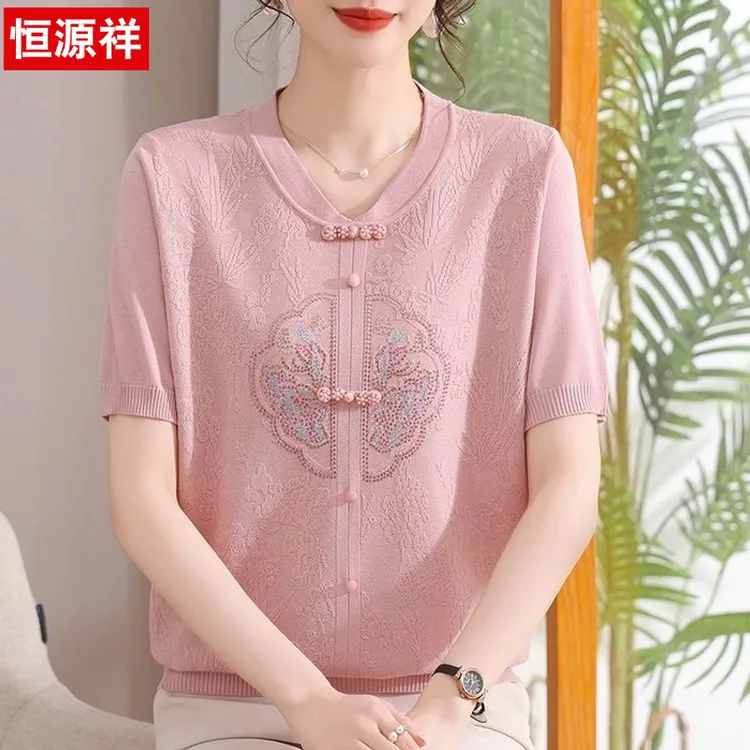 恒源祥彩羊母亲节礼物妈妈夏装针织短袖上衣中老年女装洋气两件套