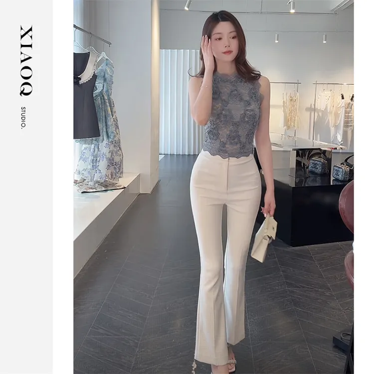 XIAOQ「都市流线」四季百搭高腰微喇9分显瘦垂坠时尚气质长裤74569