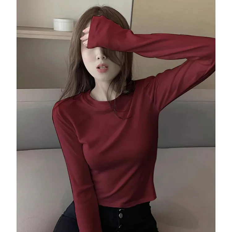 安可拉红色圆领打底衫女秋洋气内搭长袖T恤修身纯棉正肩短款上衣