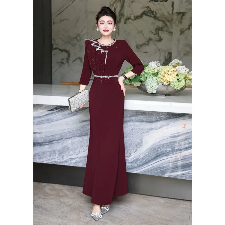 高档婚礼宴会喜妈妈新娘礼服长裙重工订钻奢华宴会修身显瘦连衣裙