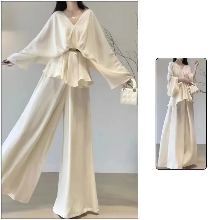 法式V领上衣两件套女垂感阔腿裤早春穿搭2025新款高级感气质套装