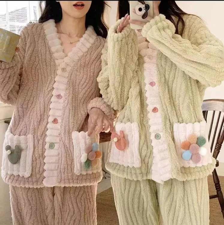 秋冬季睡衣套装女珊瑚绒彩虹花保暖开衫韩版甜美家居服套装女001