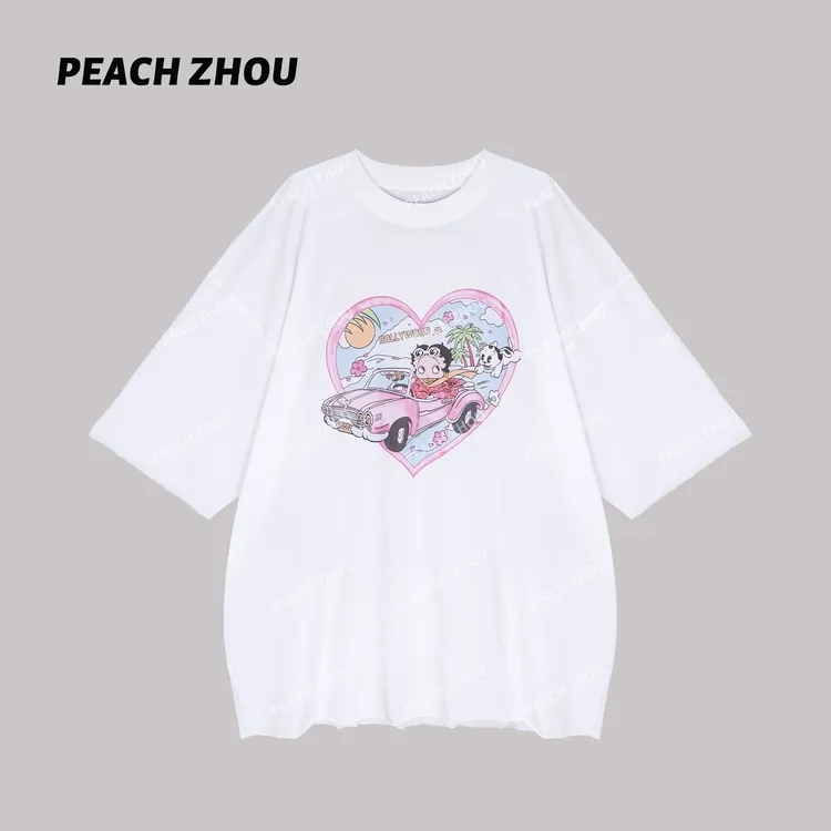 『PEACHZHOU』新疆棉贝蒂爱心印花宽松圆领阔版短袖休闲百搭半袖T恤