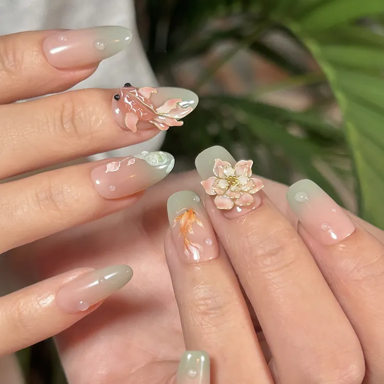 咩咩【荷下游鱼】非遗掐丝纯手工定制穿戴甲可拆卸美甲