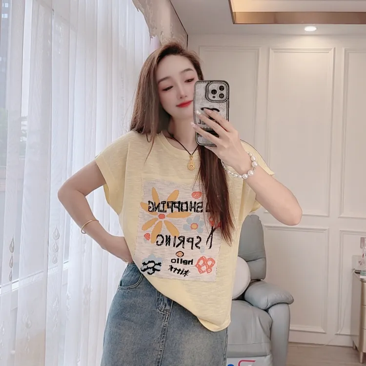 2581现货夏季针织衫套头短袖宽松女装花园提花显瘦时尚百搭上衣