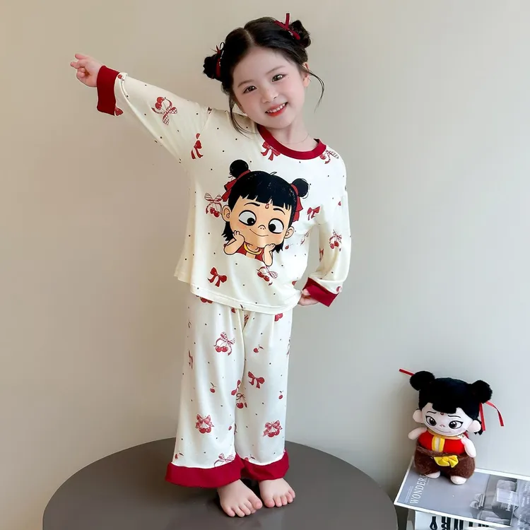 2025新款秋冬季薄款睡衣儿童套装女童哪吒宝宝卡通空调家居服a类