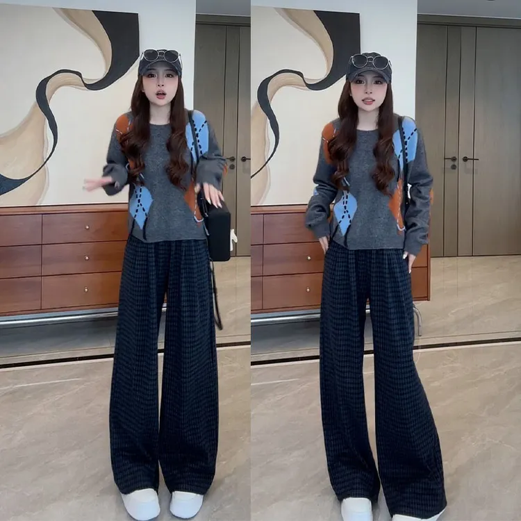 秋季时尚减龄休闲套装女慵懒风软糯针织上衣休闲格子裤显瘦两件套