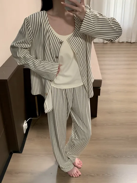 【带胸垫】三件套韩系条纹蕾丝德绒睡衣女秋冬可外穿高级家居服套装