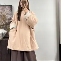 1990棉衣【茉莉】新中式复古亚麻纯色中长款斜襟宽松加厚保暖棉服女