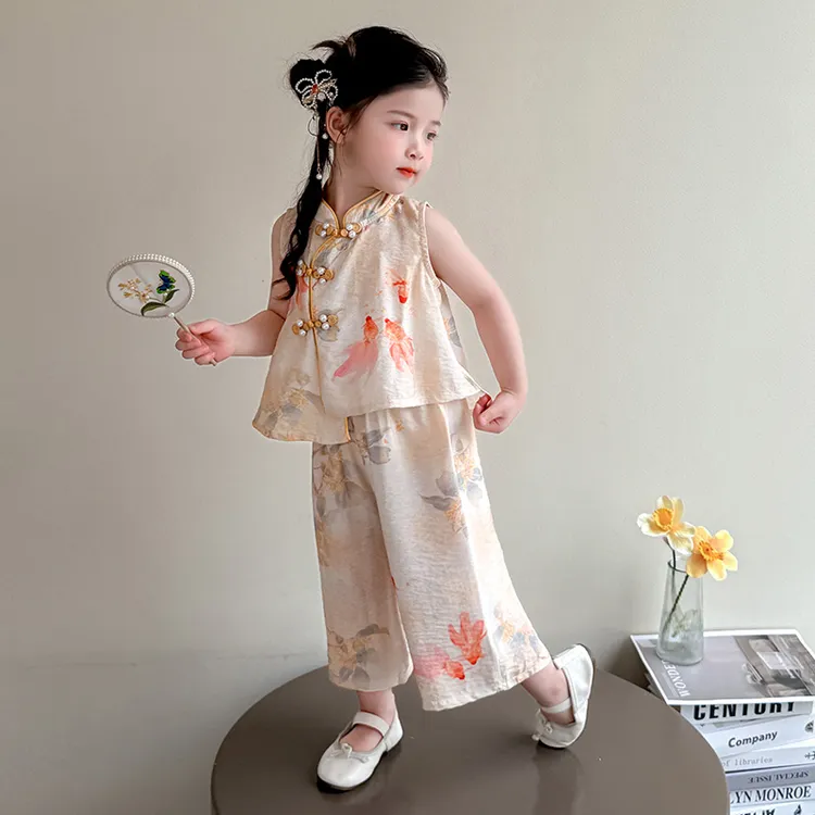 女童夏季古装旗袍套装儿童新中式无袖洋气阔腿裤女宝宝薄款两件套