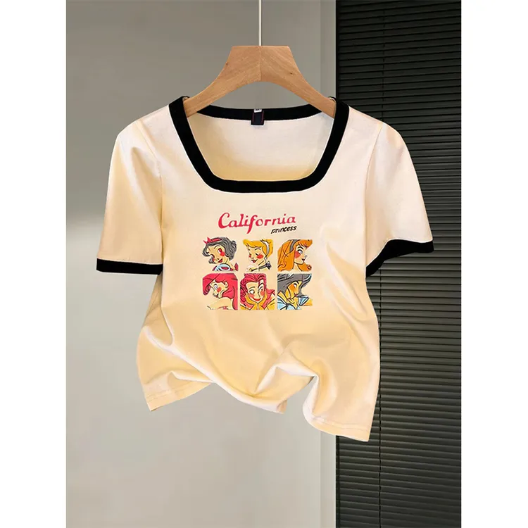 特大码200斤韩系减龄卡通印花撞色方领显瘦正肩短袖t恤女夏季新款