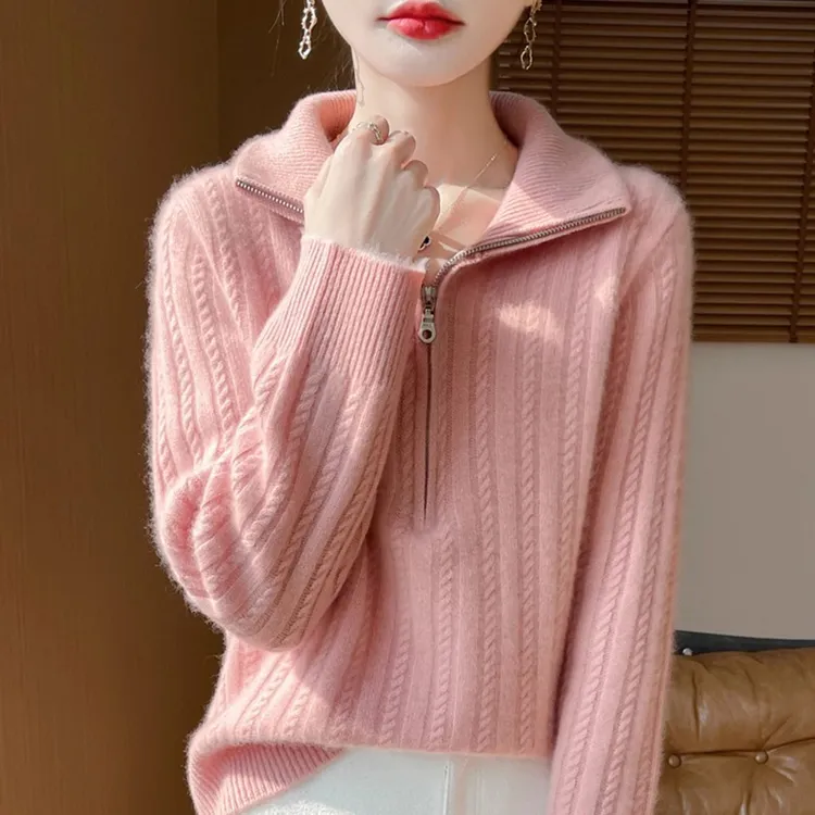 100纯羊毛衫女士秋冬半拉链宽松加厚纯色针织打底衫时尚羊绒毛衣