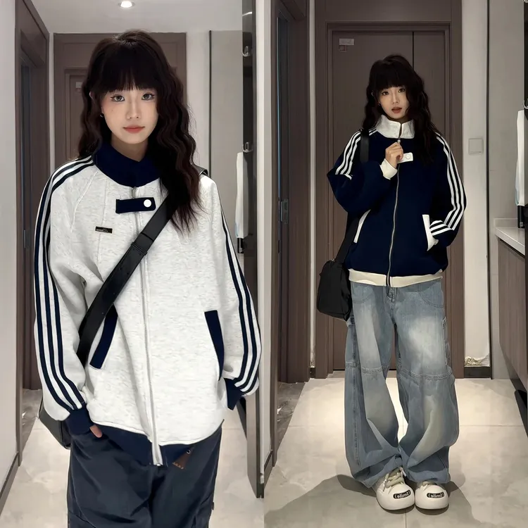 重磅卫衣外套男女美式潮牌拼接撞色开衫秋季学院风立领棒球服夹克