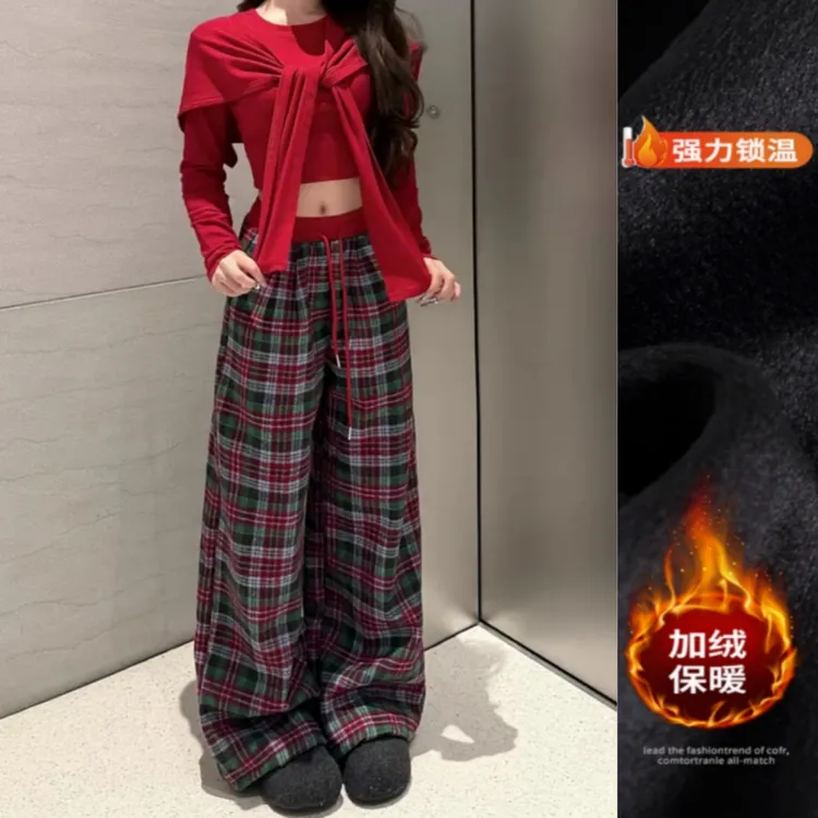 时尚潮流撞色格纹休闲裤2025年冬季新款加绒显瘦宽松阔腿裤