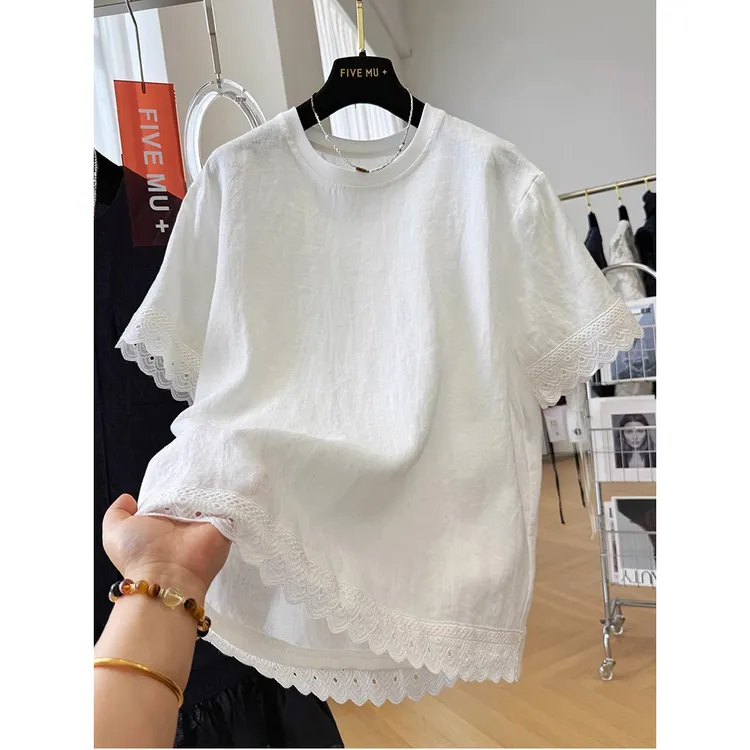 胖妹妹240斤大码纯苎麻短袖T恤女夏季薄款蕾丝花边气质超好看上衣