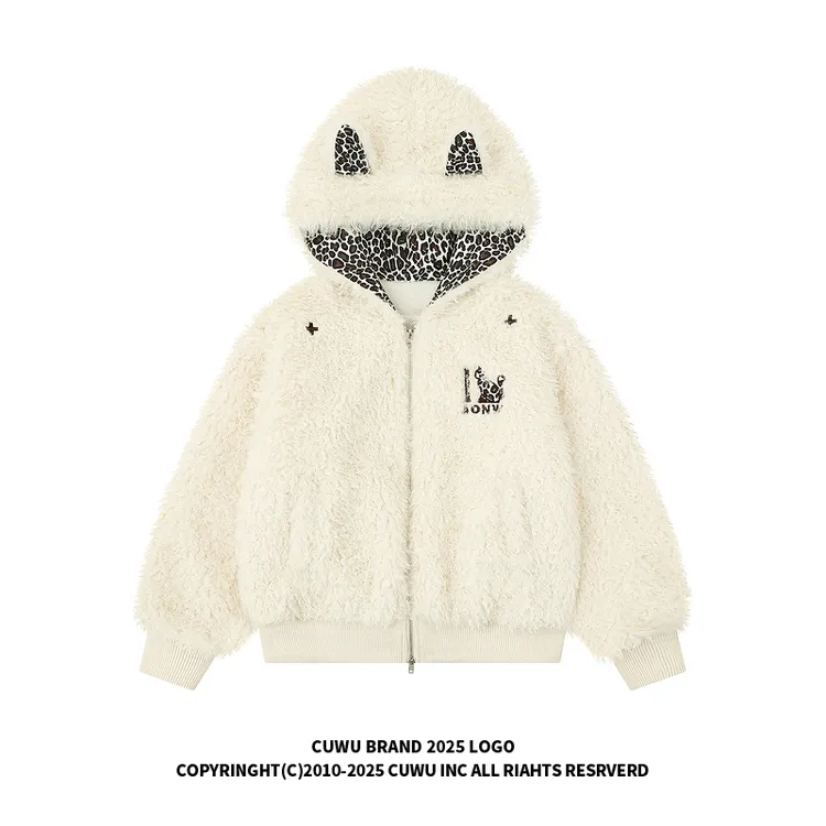 cuwu美式豹纹猫耳毛茸茸短款棉衣外套女秋冬复古加厚保暖连帽棉服