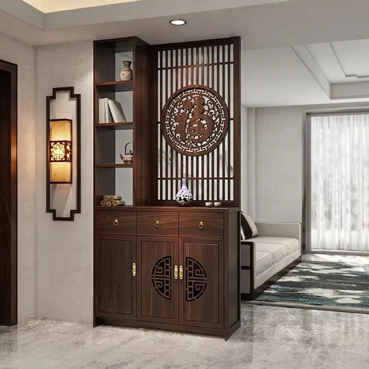 新中式屏风隔断柜玄关遮挡现代简约实木福字雕刻入户门口收纳鞋柜