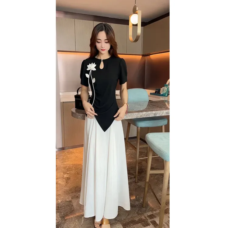 名媛风气质洋气立体刺绣盘扣不规则上衣女中长款百搭半身裙长裙潮