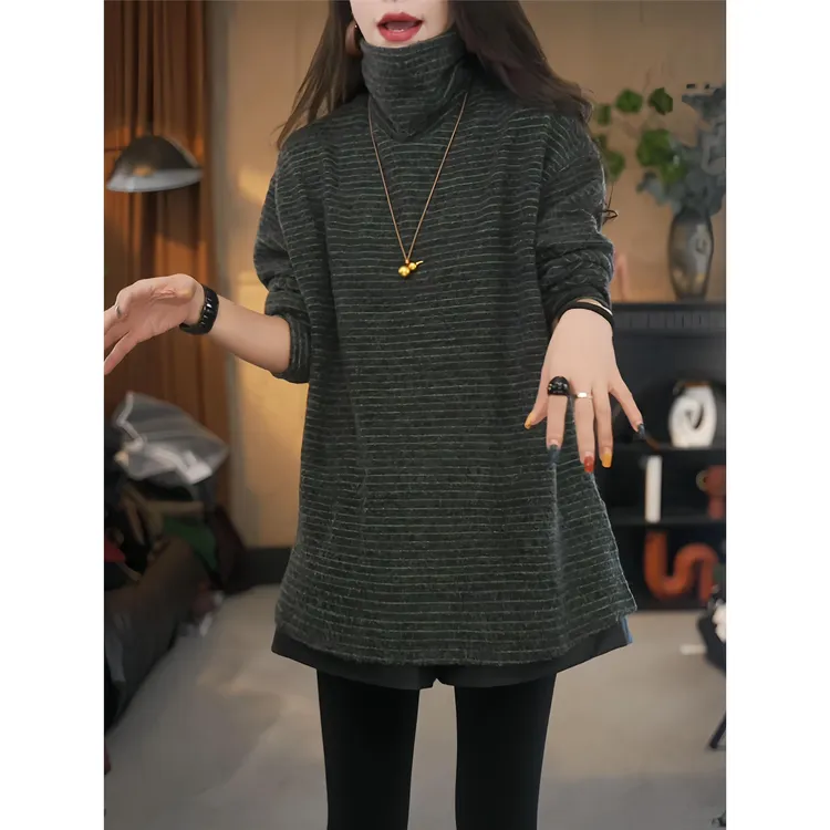 双面绒磨毛高领条纹卫衣女冬季新款简约宽松百搭显瘦中长款上衣潮