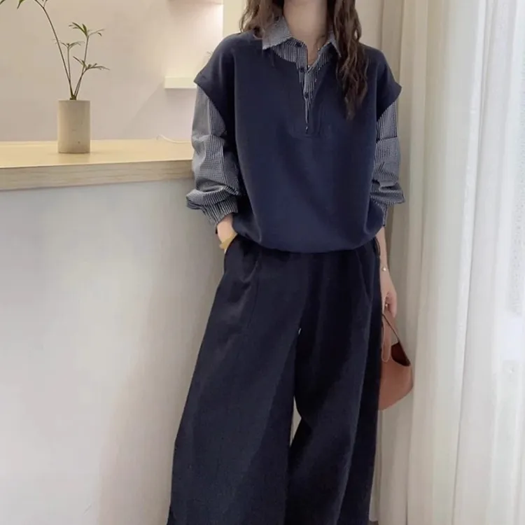 2025冬季时尚百搭格纹拼接宽松时尚POLO领休闲秋季衬衫长袖