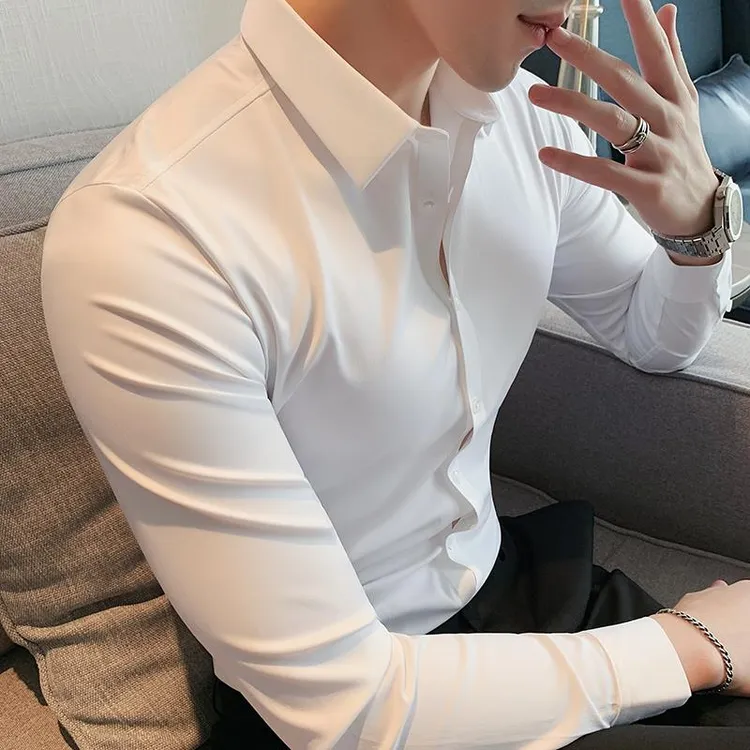 高级感无痕衬衫男长袖修身弹力免熨烫商务休闲男结婚白色短袖衬衫